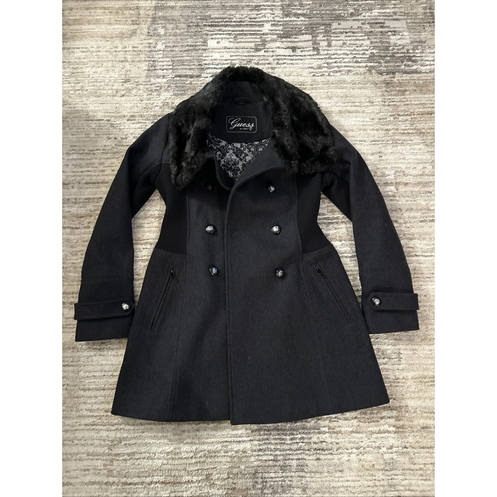 Guess Double Breasted Wool Blend Coat Women Black Sz M Faux Fur Collar Skirted